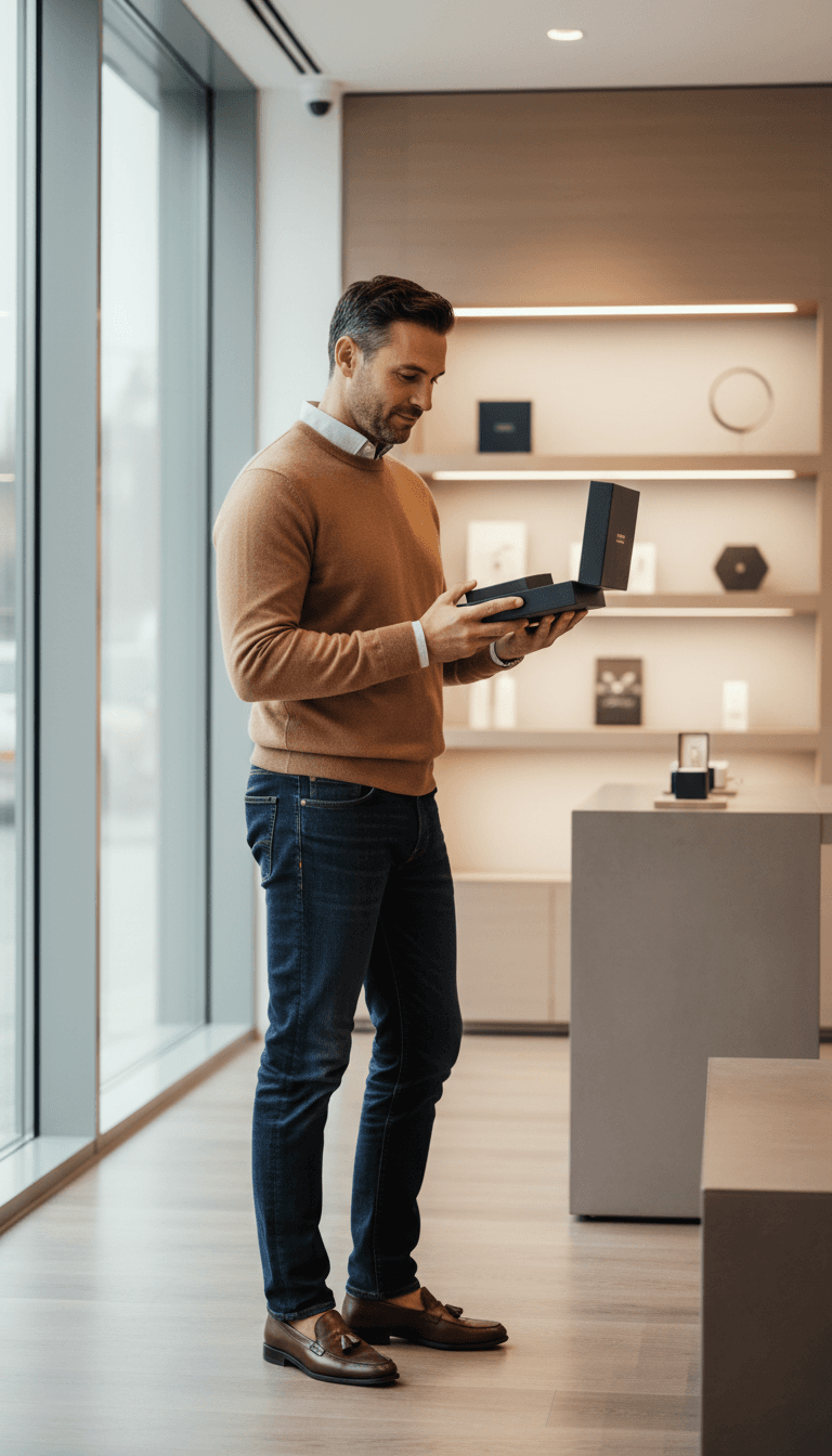 Confident male customer examining premium personal care product in modern retail environment with natural lighting